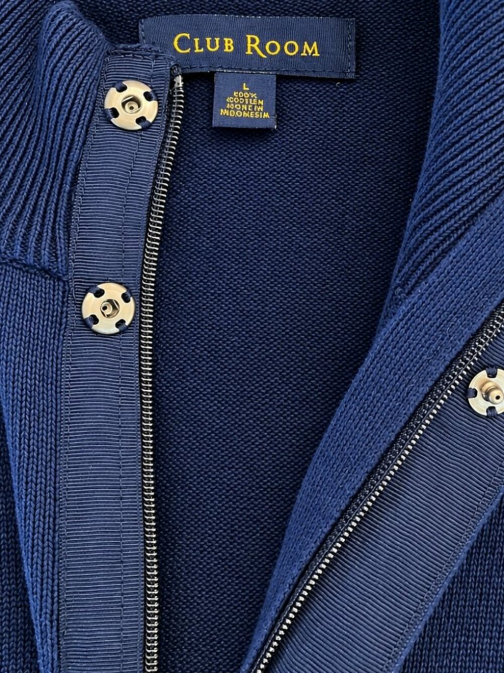 Club Room Men's Large Navy Blue 100% Cotton Full Zip Snap Front Knit Cardigan